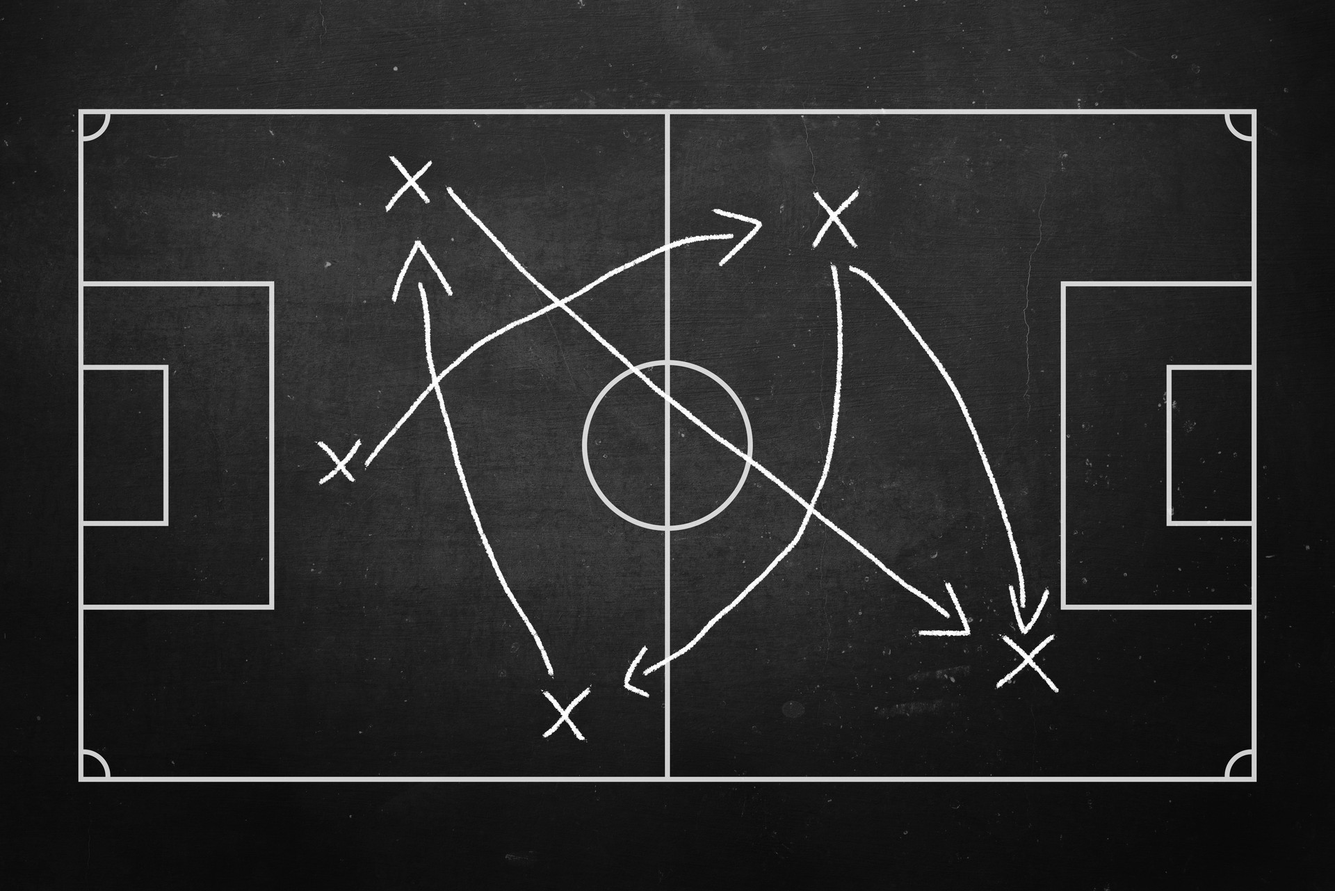 Soccer, football tactics isolated on black blackboard, chalkboard texture